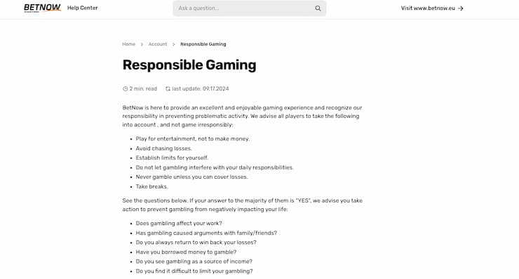 An image of the responsible gambling section at BetNow, a leading operator for NASCAR betting lines.
